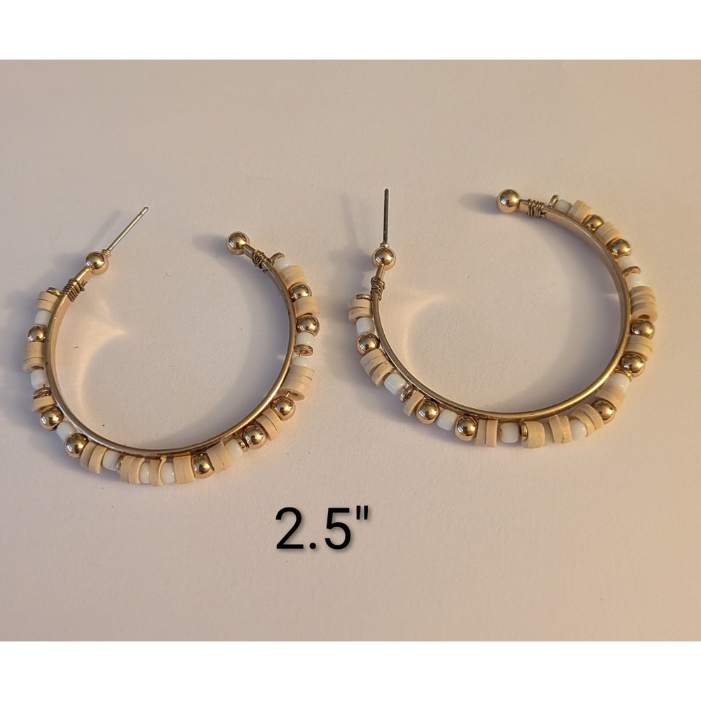 Gold Tone Beaded Hoop Earrings Cream Tan Disc Beads Boho‎ Large 2.5 Inch Hoops